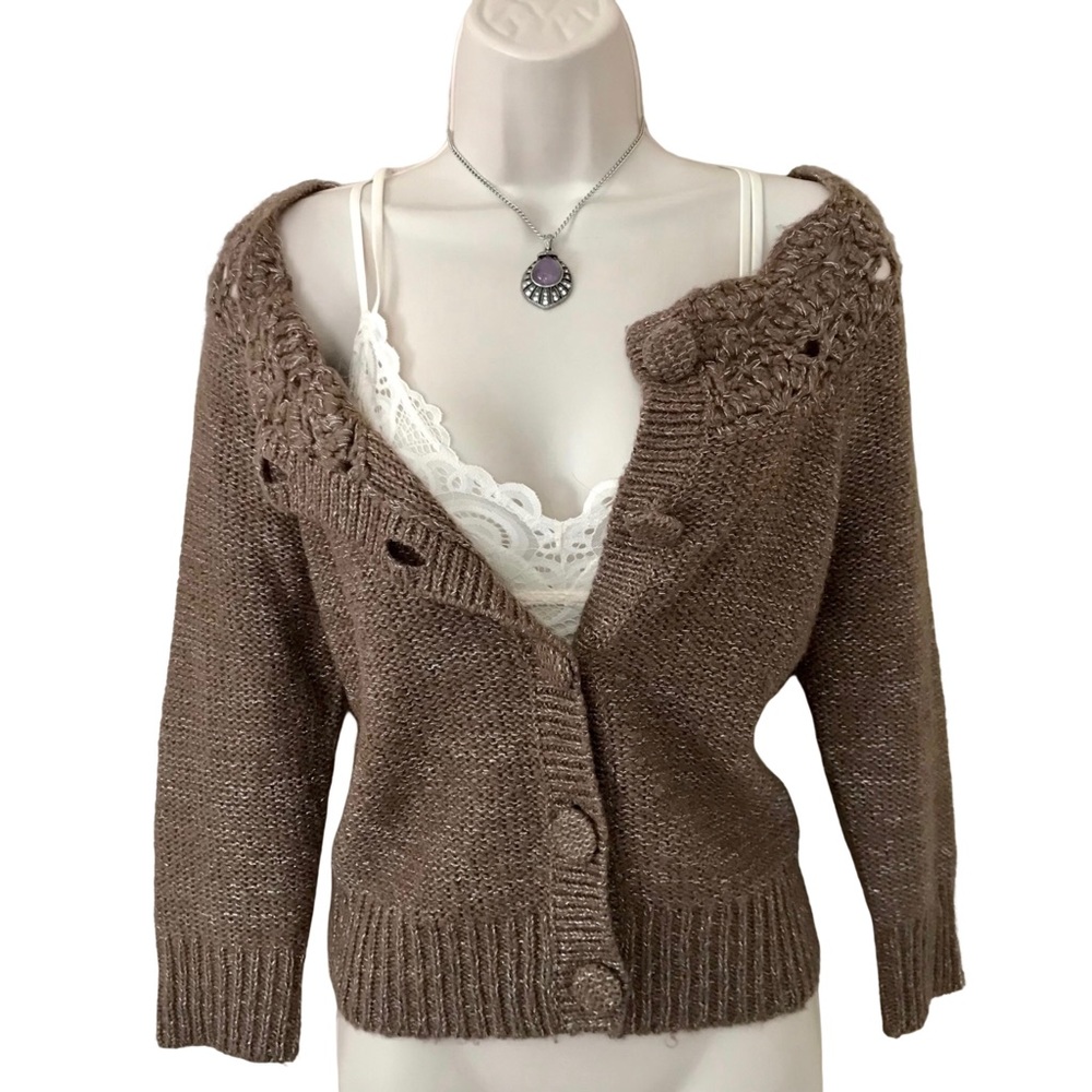 Women’s Y2K Sparkly Brown Cardigan Fairy Grunge Wool Knit Sweater Size Large
